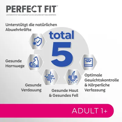 Perfect Fit Total 5: Unterstützt natürliche Abwehrkräfte, gesunde Harnwege, Verdauung, Haut und Fell sowie optimale Gewichtskontrolle. Geeignet für Adult 1+.