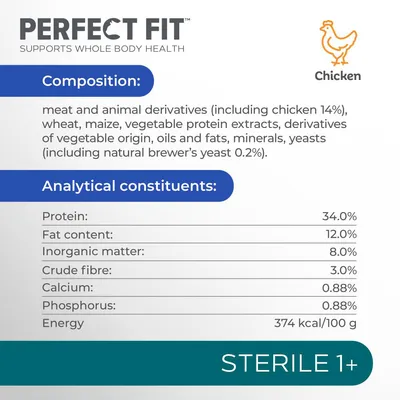 Composition: meat and animal derivatives including chicken 14%, wheat, maize, vegetable protein extracts, oils, fats, minerals. Protein 34%, fat 12%, energy 374 kcal per 100g.