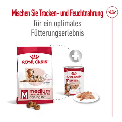 Royal Canin Medium Ageing 10+ Trocken- und Feuchtnahrung mischen für ein optimales Fütterungserlebnis. Geeignet für Hunde von 11 bis 25 kg, unterstützt Muskelmasse und lebenslange Gesundheit.