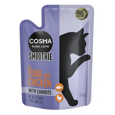 Cosma Pure Love Smoothie z tuńczykiem, kurczakiem i marchewką w bulionie rybnym. Bezzbożowa receptura. Opakowanie: 50g.