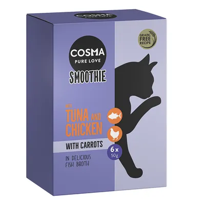 Cosma Pure Love Smoothie z tuńczykiem i kurczakiem, marchewką w bulionie rybnym. Receptura bez zbóż. Opakowanie zawiera 6 x 50g.