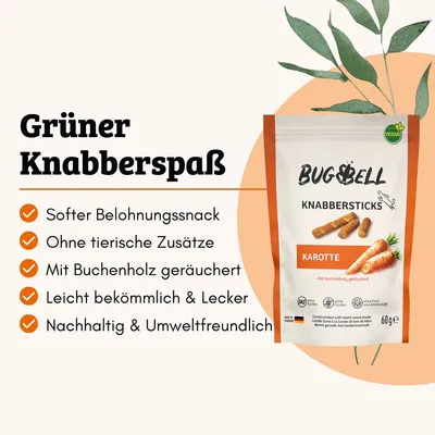 BugBell Knabbersticks Karotte, vegan. Softer Belohnungssnack, ohne tierische Zusätze, mit Buchenholz geräuchert, leicht bekömmlich & lecker, nachhaltig & umweltfreundlich.