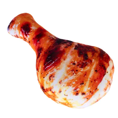 Speelgoed in de vorm van een gebraden kippenpoot, met realistische bruine en gouden grillpatronen.