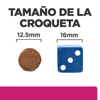 Tamaño de la croqueta: 12,5 mm comparado con un dado azul de 16 mm. Texto grande: 'Tamaño de la croqueta'.