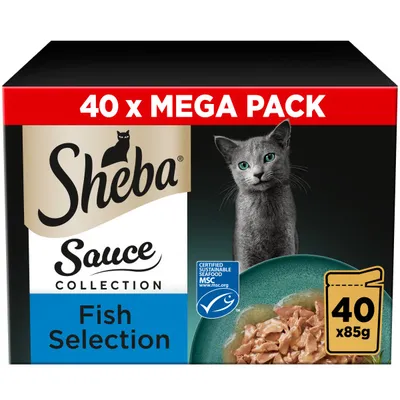 Sheba Sauce Collection Fish Selection, 40 x 85g mega pack. Certified sustainable seafood MSC. Image shows fish pieces in sauce.