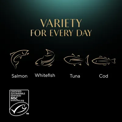 Variety for every day: salmon, whitefish, tuna and cod. Certified sustainable seafood MSC logo shown.