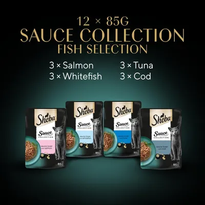 Sheba Sauce Collection Fish Selection, 12 x 85g pouches: 3 salmon, 3 whitefish, 3 tuna, 3 cod. Image shows four pouch types with product names and fish varieties.