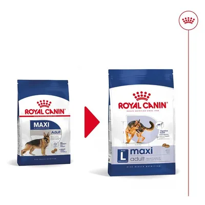 Стара и нова опаковка на Royal Canin Maxi Adult суха храна за кучета, с видими промени в дизайна и надписите: от 'MAXI Adult' към 'Size L maxi adult'.