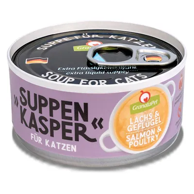 GranataPet Suppen Kasper για γάτες, σολομός & πουλερικά, επιπλέον ενυδάτωση, ορατή η γερμανική σημαία.