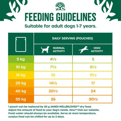 Feeding guidelines for adult dogs aged 1-7 years, showing daily serving pouches by weight and activity level. Includes advice on replacing pouches with dry food and storage tips.