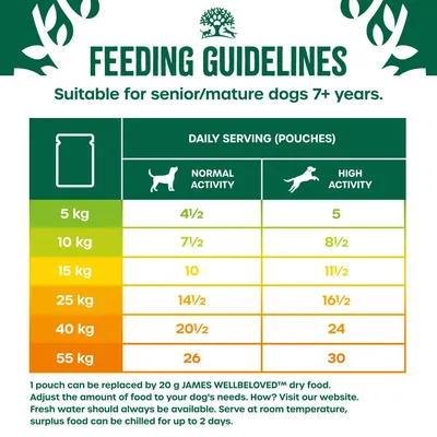 Feeding guidelines for senior or mature dogs 7+ years, showing daily serving pouches by weight and activity level. Includes advice on replacing pouches with dry food and storage tips.