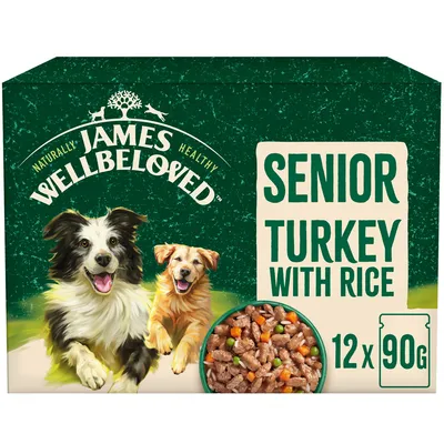 James Wellbeloved Senior Turkey with Rice, 12 packs of 90g each, shown with food pieces and vegetables in a bowl.