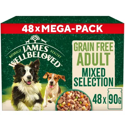 James Wellbeloved grain free adult mixed selection, 48 x 90g mega-pack. Image shows food pieces with vegetables.