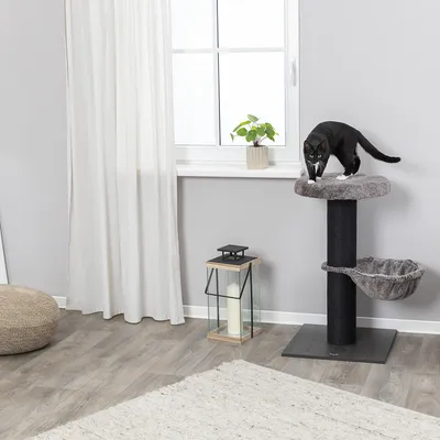 Kratzbaum mit zwei Ebenen und einer Liegefläche, schwarzer Stoffbezug. Schwarze Katze steht auf oberer Plattform. Geeignet für Innenräume.