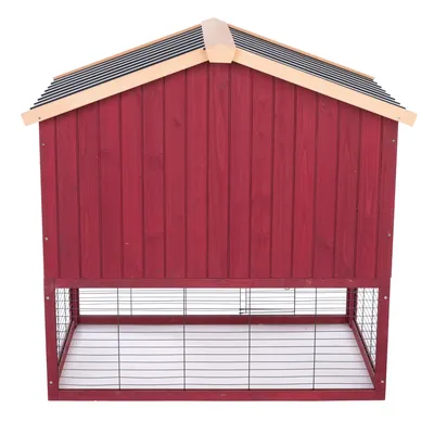 Rotes Holzgehege mit Gitterboden und schwarzem Dach, geeignet für Kleintiere. Rechteckige Form mit stabiler Konstruktion.