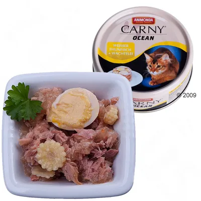 Konzerva Animonda Carny Ocean, viditeľný nápis WEISSER THUNFISCH + WACHTELEI, miska s tuniakom, prepeličím vajcom a petržlenom.