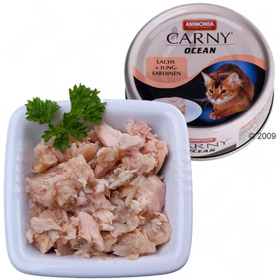 Animonda Carny Ocean Lachs + Jung-Sardinen konzerva pre mačky, zobrazený obsah v miske s petržlenom a balenie s obrázkom mačky.