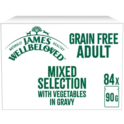 Grain free adult mixed selection with vegetables in gravy, pack contains 84 portions of 90g each.