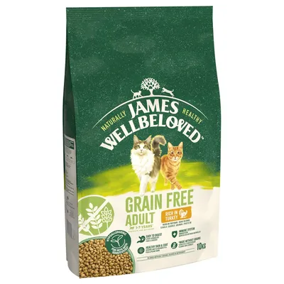 James Wellbeloved Grain Free Adult, rich in turkey, hypoallergenic dry food for adult cats aged 1-7 years, easy to digest, supports immune system and healthy skin, 10kg bag.