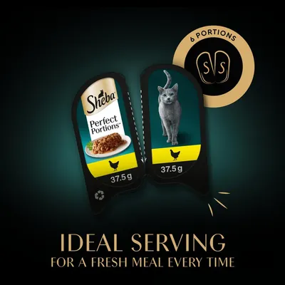 Sheba Perfect Portions, 6 portions of 37.5g each, ideal serving for a fresh meal every time. Chicken symbol shown on packaging.