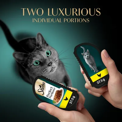 Two individual 37.5g portions of Sheba Perfect Portions shown in hand, with text stating 'Two luxurious individual portions' and an image of a grey cat in the background.