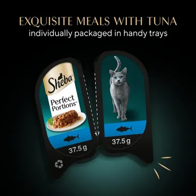 Exquisite meals with tuna, individually packaged in handy trays. Two portions shown, each 37.5g, with a fish symbol and an image of food and a grey cat.