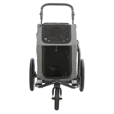 Grauer Haustieranhänger mit drei Rädern, Sichtfenster vorne und Griff oben. Geeignet für den Transport von Haustieren.