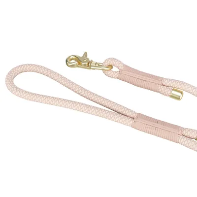 Rosa Hundeleine aus geflochtenem Material mit goldfarbenem Karabinerhaken und Griffschlaufe.