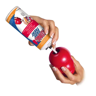 Application of KONG Easy Treat: cream from the can is filled into a red KONG toy.