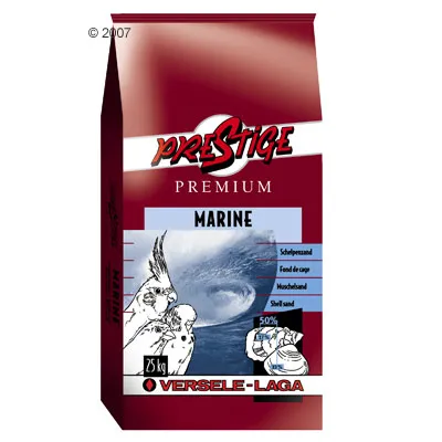 Опаковка Prestige Premium Marine, 25 кг, Versele-Laga. Видими са илюстрации на птици и текст: Schelpzand, Fond de cage, Muschelsand, Shell sand, 50%.
