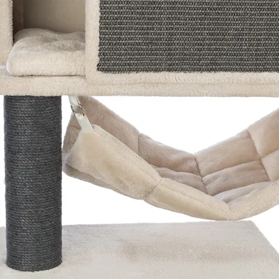 Kratzbaum mit beigem Plüsch-Hängematte, grauem Sisal-Stamm und gepolsterten Liegeflächen.