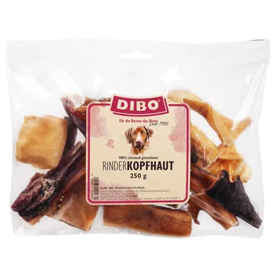 DIBO cuoio capelluto di manzo, 100% delicatamente essiccato, 250 g. Alimento semplice per cani.