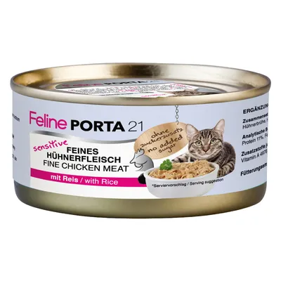 Feline Porta 21, fijne kip met rijst, sensitive, zonder toegevoegde suiker. Aanvullend voer voor katten. Serveeridee met kom en kat afgebeeld.