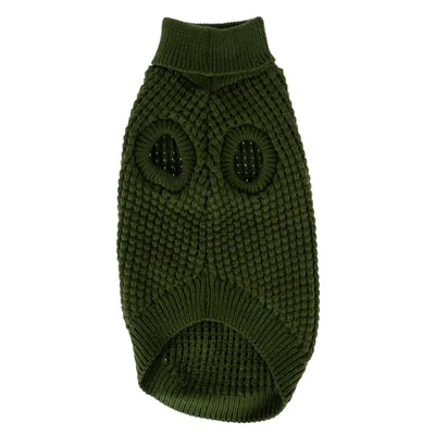 Pull pour chien en maille verte, deux ouvertures pour les pattes avant, col montant, tricot à motif texturé visible.