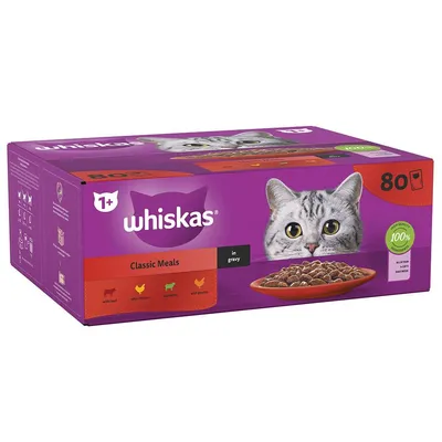 Whiskas Classic Meals in gravy, 80 pack, with beef, chicken, lamb and poultry. Suitable for ages 1+. 100% complete nutrition.