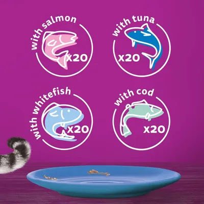 Product contains 20 portions each with salmon, tuna, whitefish and cod, shown by icons and text for each fish type.