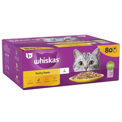 Box showing Whiskas Poultry Feasts in jelly, 80 servings, with chicken, duck, poultry, and turkey. Label states 100% complete nutrition for adult pets over 1 year.