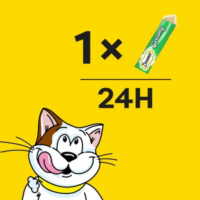 Feeding guide showing one Dreamies Creamy stick per 24 hours.