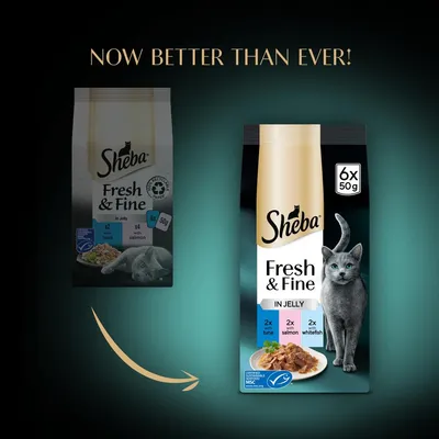 Comparison of old and new Sheba Fresh & Fine in Jelly packaging, highlighting improved version with 6 x 50g packs: 2 tuna, 2 salmon, 2 whitefish. Text reads 'Now better than ever!'.