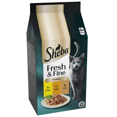 Sheba Fresh & Fine in Gravy, 6 x 50g pouches: 2 with chicken, 2 with turkey, 2 with duck. Plate of food shown on packaging.
