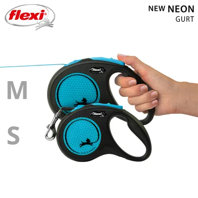 Flexi New Neon leash, sizes M and S, black-blue design with ergonomic handle and dog symbol. Hand holding the leash for demonstration.
