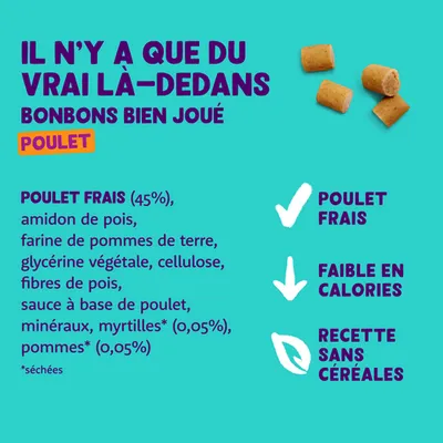 Bonbons Bien Joué au poulet frais (45 %), sans céréales, faibles en calories. Ingrédients : amidon de pois, farine de pomme de terre, glycérine végétale, cellulose, fibres de pois, pomme et myrtilles séchées.