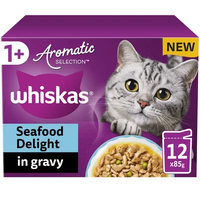Whiskas Aromatic Selection Seafood Delight in gravy, 12 packs of 85g each, for ages 1 and above. New product.