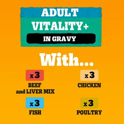 Adult Vitality+ in gravy. Contains 3 beef and liver mix, 3 chicken, 3 fish, and 3 poultry portions.