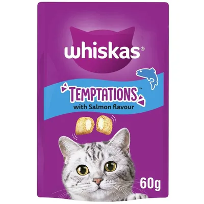 Whiskas Temptations with salmon flavour, 60g pack, showing two filled treats and a cat's face on the packaging.