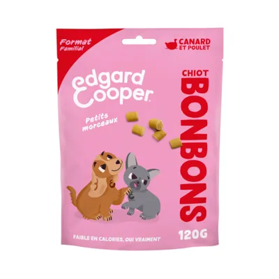 Edgard Cooper Chiot Bonbons avec canard et poulet, format familial, petits morceaux, 120g. Faible teneur en calories selon l'emballage.