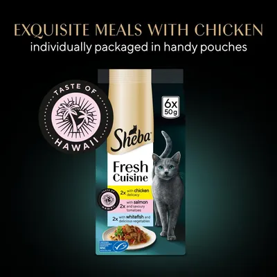 Sheba Fresh Cuisine Taste of Hawaii, 6 x 50g pouches: 2 with chicken, 2 with salmon and tomatoes, 2 with whitefish and vegetables. Exquisite meals with chicken, individually packaged.