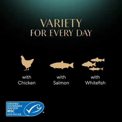 Variety for every day with chicken, salmon and whitefish. Certified sustainable seafood MSC.