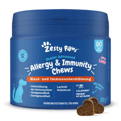 Zesty Paws Senior Advanced Allergy & Immunity Chews, Haut- und Immununterstützung, 90 Kau-Snacks mit Lachsöl, Kolostrum, EPICor Pets, Ergänzungsfuttermittel für Hunde, 300g.