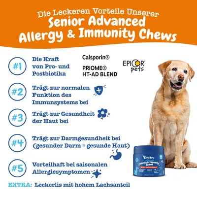 Senior Advanced Allergy & Immunity Chews: Vorteile wie Pro- und Postbiotika, Unterstützung des Immunsystems, Hautgesundheit, Darmgesundheit, saisonale Allergiesymptome. Extra: hoher Lachsanteil.